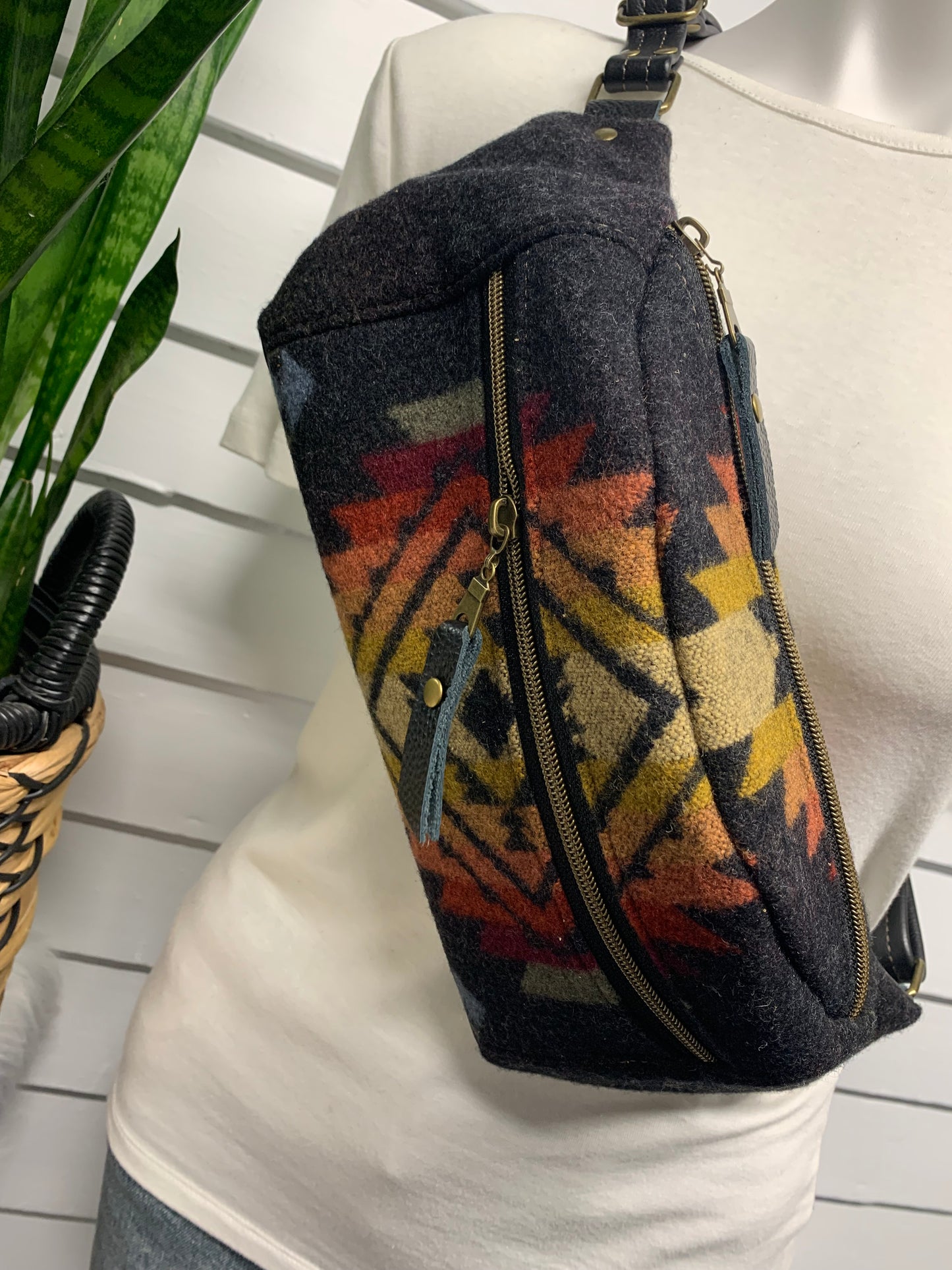 Jade Sling bag Pueblo dwelling wool and black leather crossbody