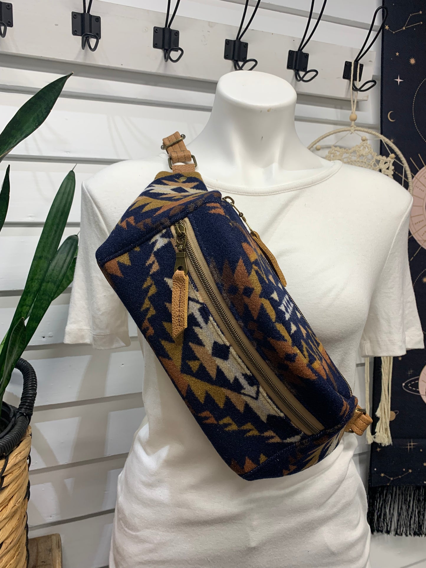 Jade Sling bag Navy Trails wool and caramel leather crossbody
