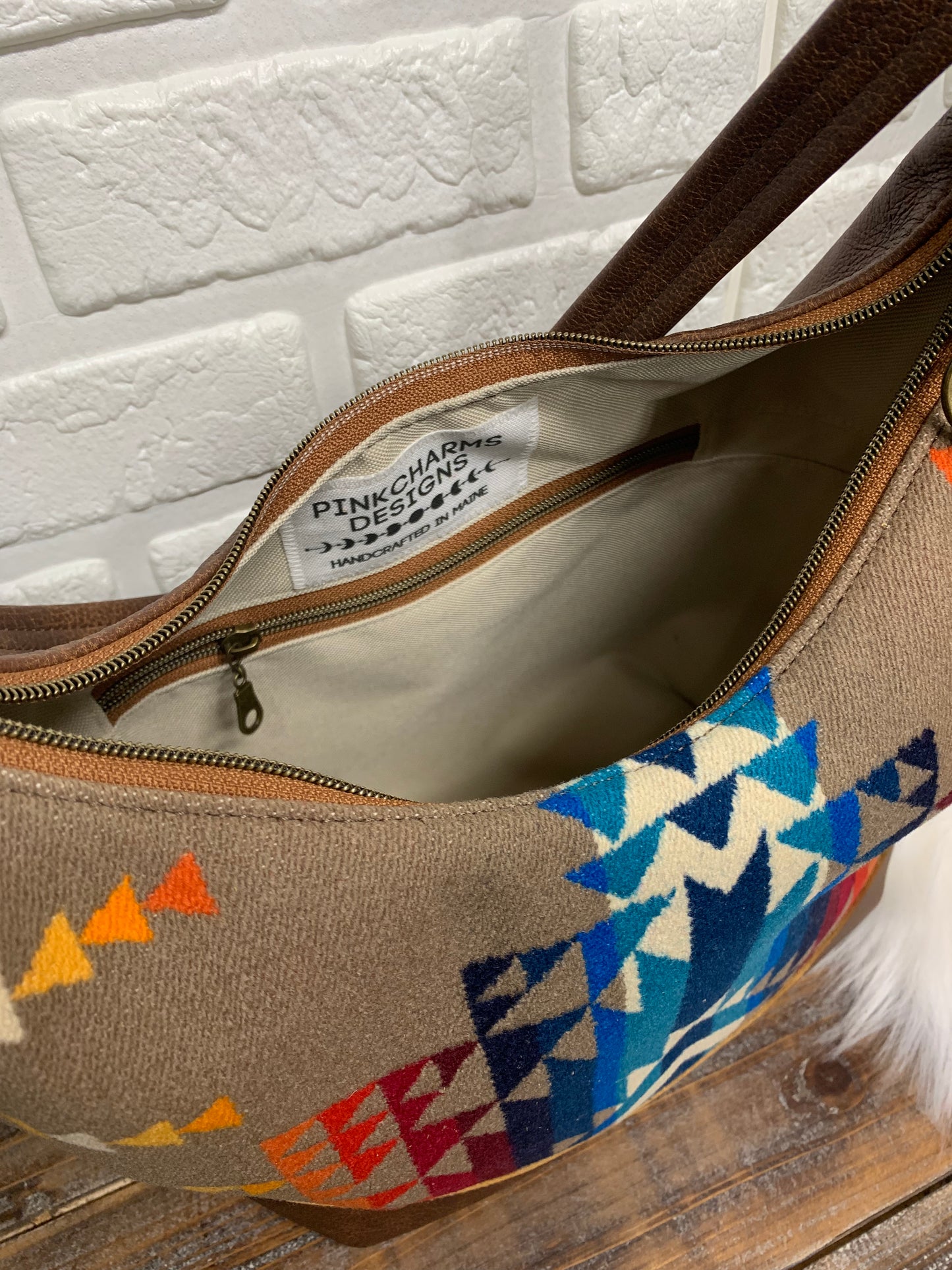Wool and leather hobo bag, Pilot Rock wool fabric, brown genuine leather, hobo bag, wool crossbody bag