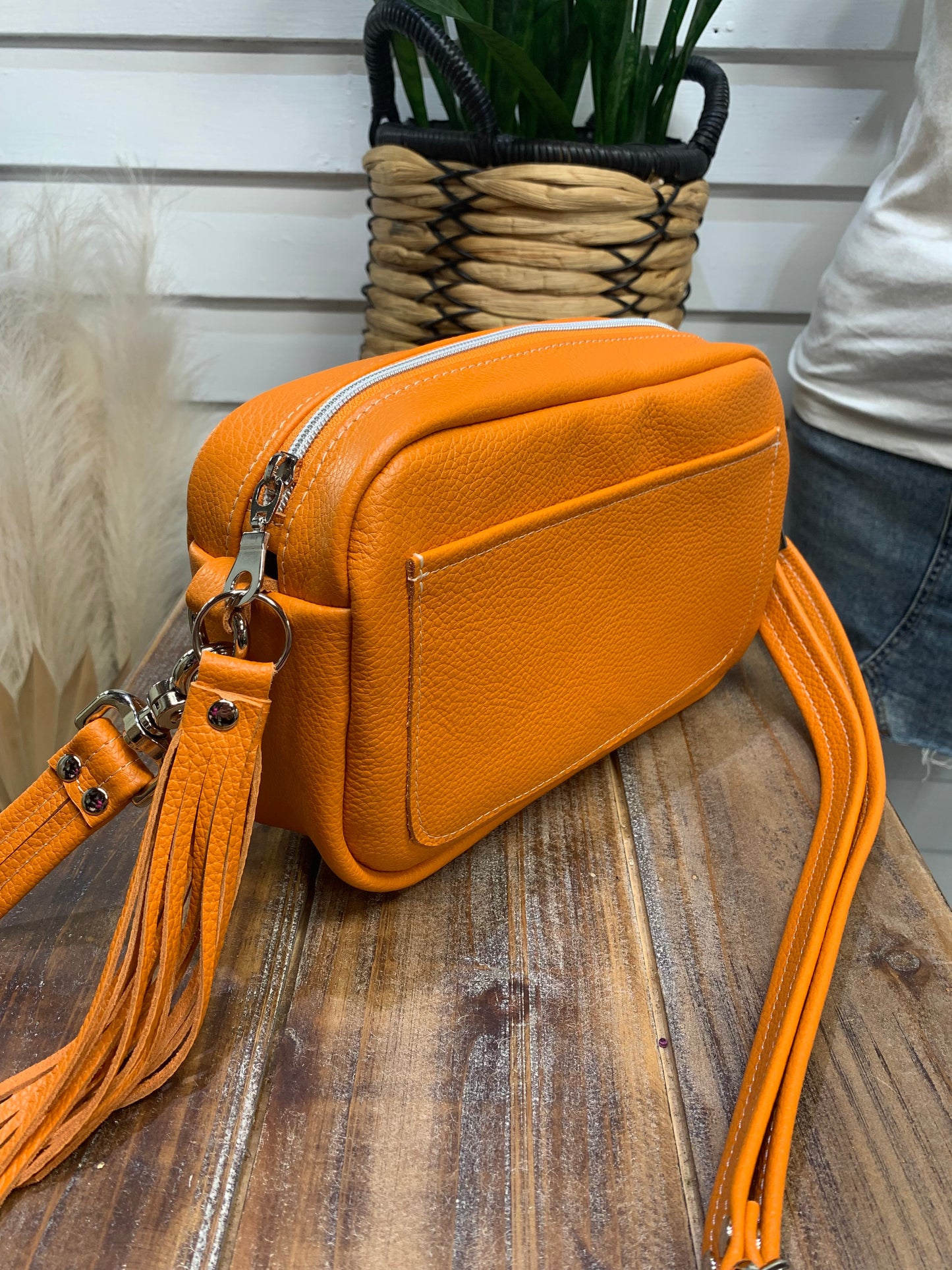 Emerald crossbody bag, Orange Italian pebble grain leather