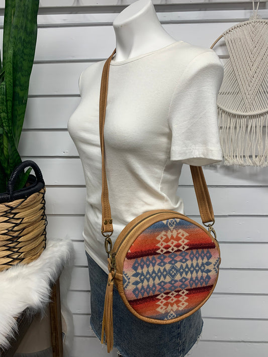 Moonstone crossbody bag, Desert sky wool, caramel brown leather, Canteen bag