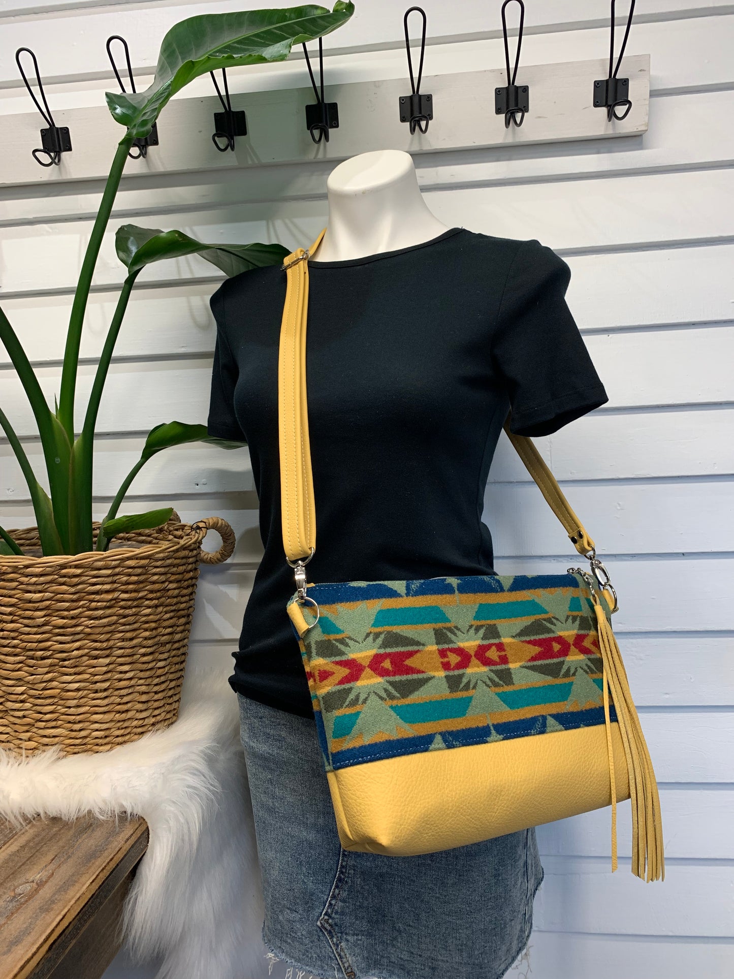 XL Ruby crossbody bag, Echo peaks wool, yellow cowhide leather