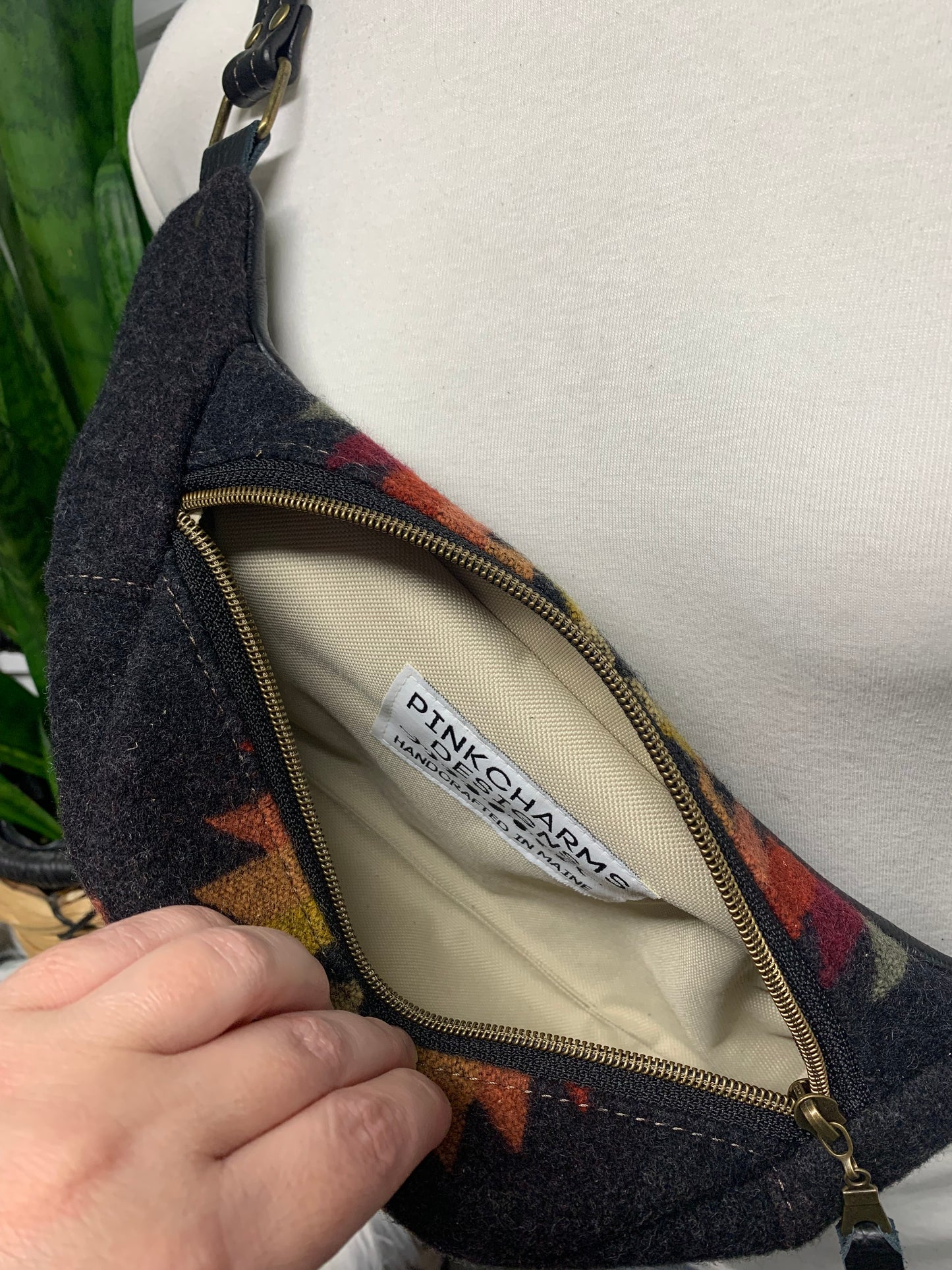 Jade Sling bag Pueblo dwelling wool and black leather crossbody