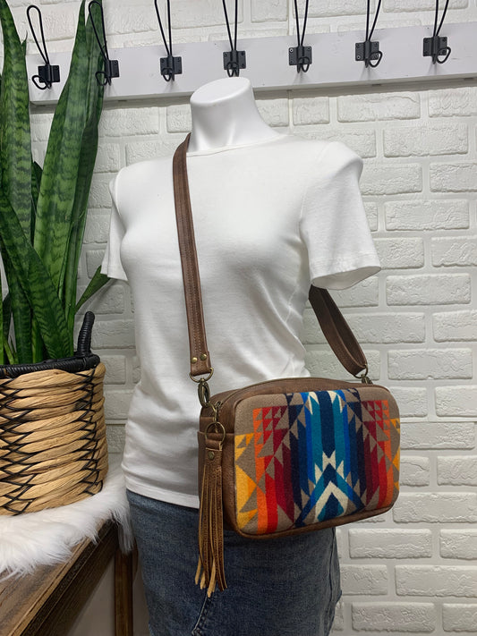 Emerald crossbody bag, Pilot Rock wool, saddle brown genuine leather, Camera bag