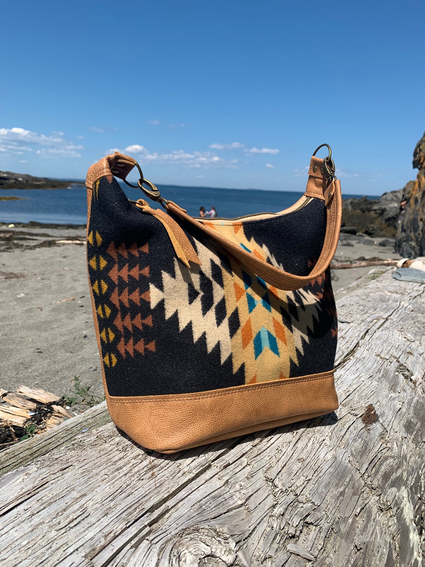 Jasper Bucket bag, Rancho Arroyo black wool, caramel leather