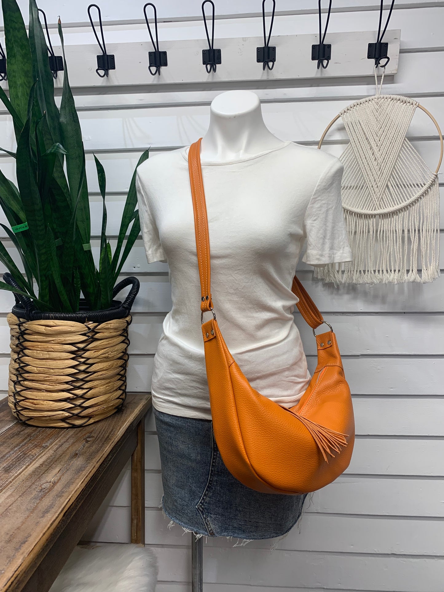 Half moon crossbody hobo bag Orange Italian leather