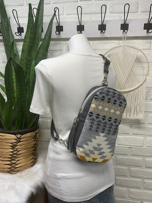 Citrine Sling backpack Rancho Arroyo wool and grey leather
