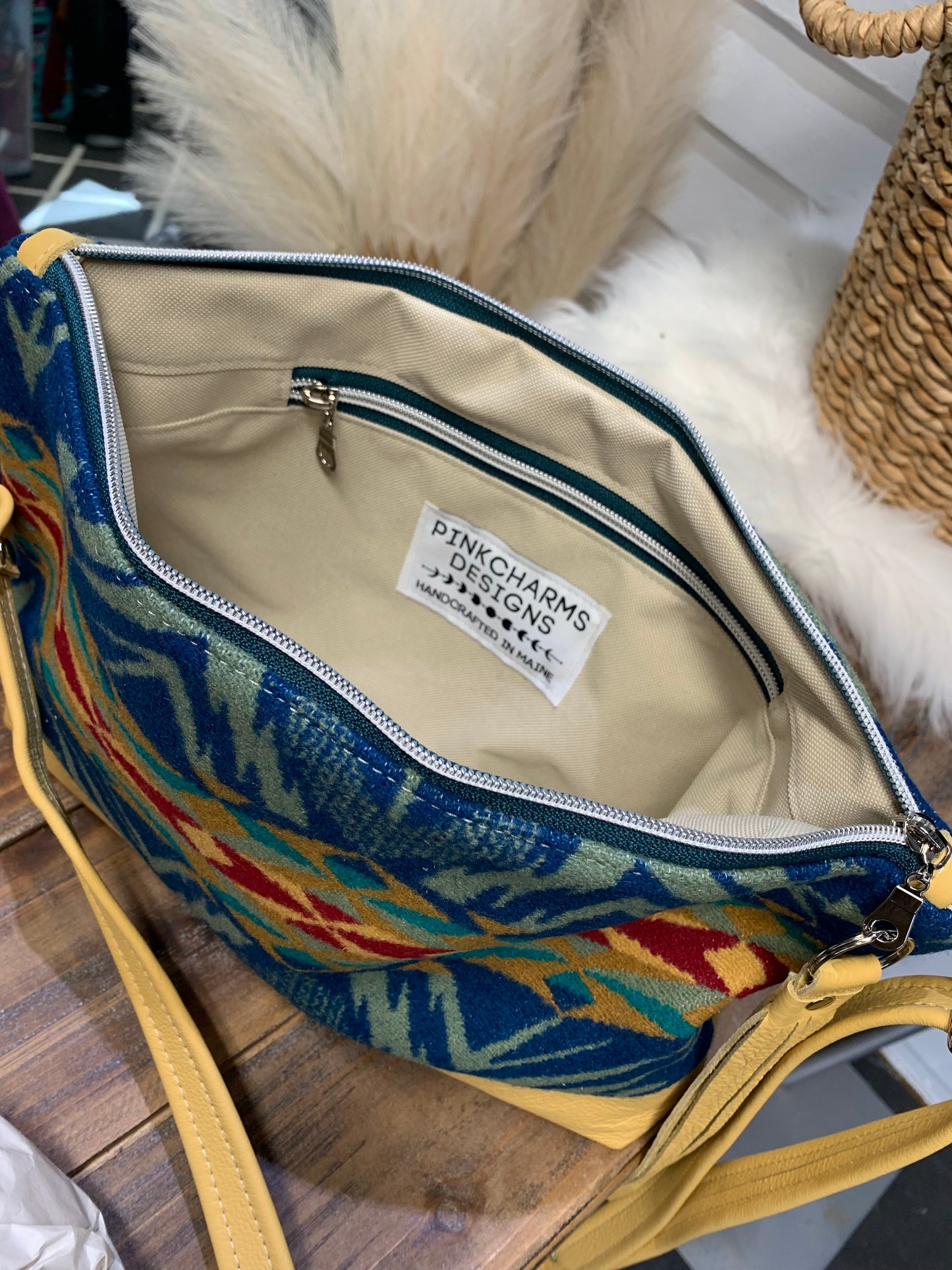 XL Ruby crossbody bag, Echo peaks wool, yellow cowhide leather