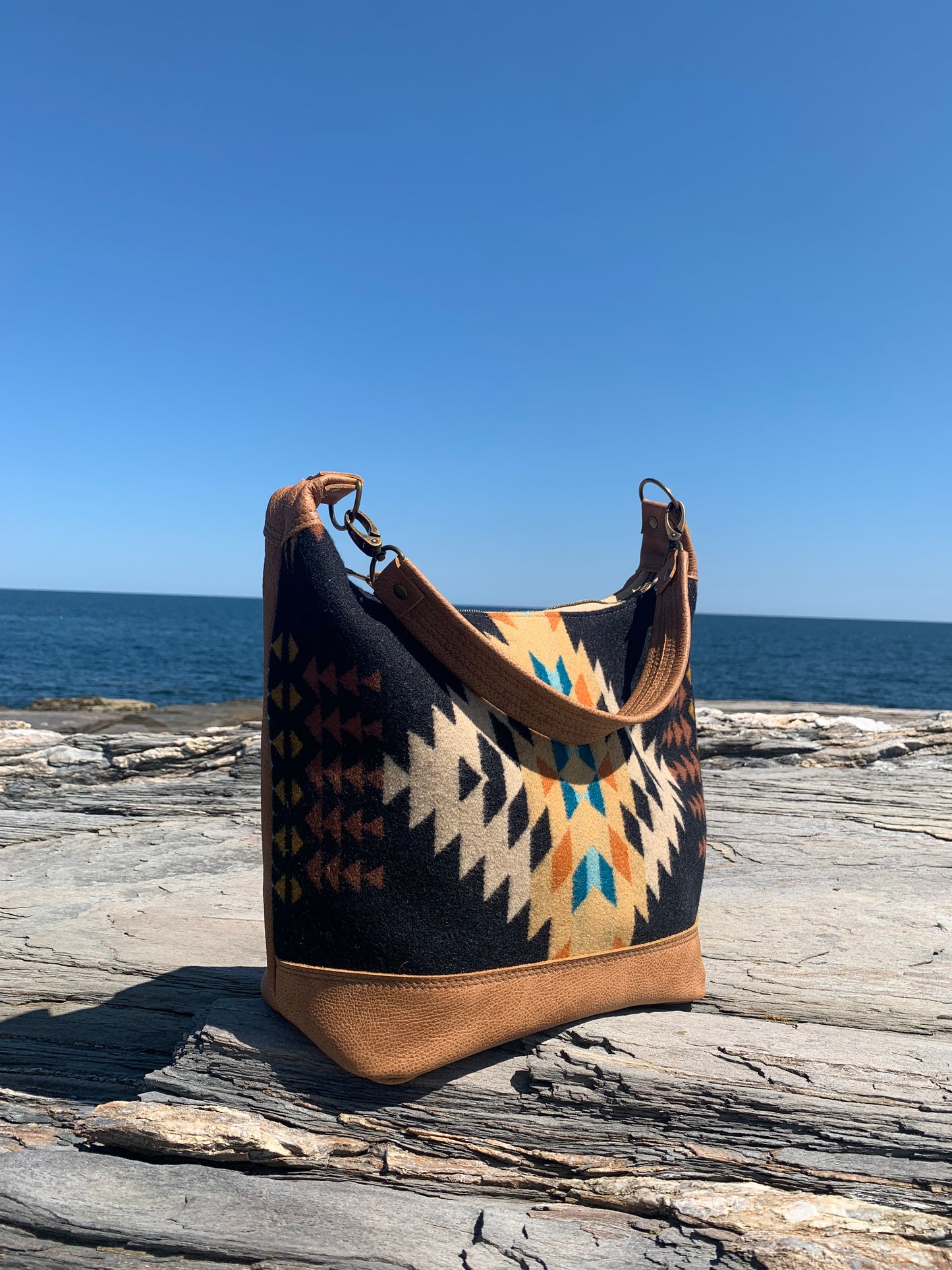 Jasper Bucket bag, Rancho Arroyo black wool, caramel leather