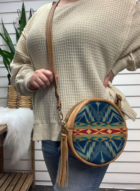 Moonstone crossbody bag, Echo Peaks wool, caramel leather, Circle bag