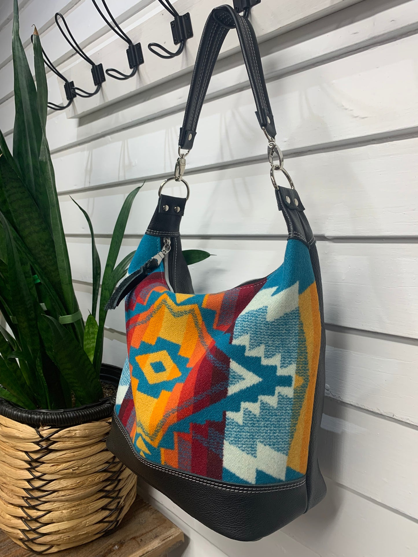 Jasper Bucket bag, All Over Turquoise wool, black leather