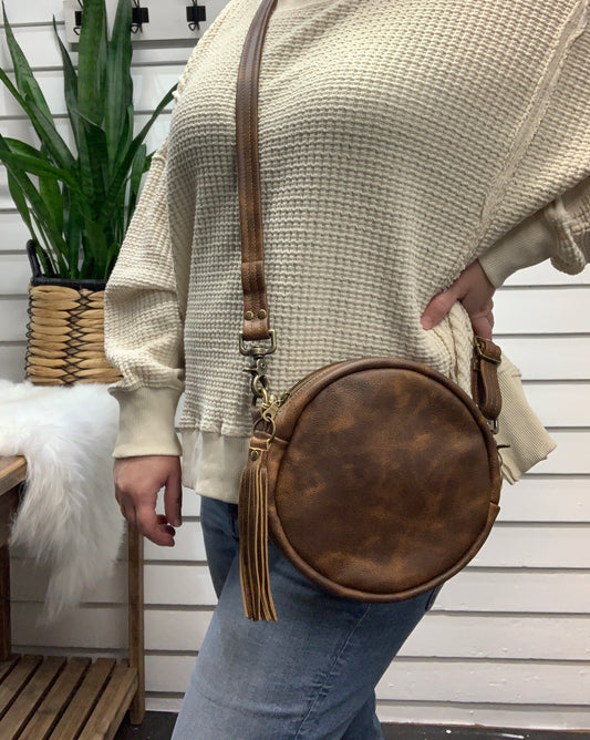 Moonstone crossbody bag, Saddle brown leather, Circle bag