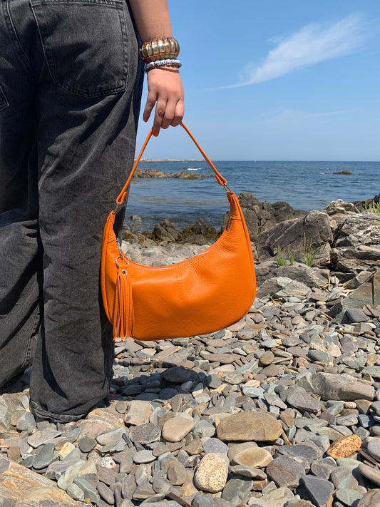 Garnet small hobo bag Orange Italian leather, shoulder strap