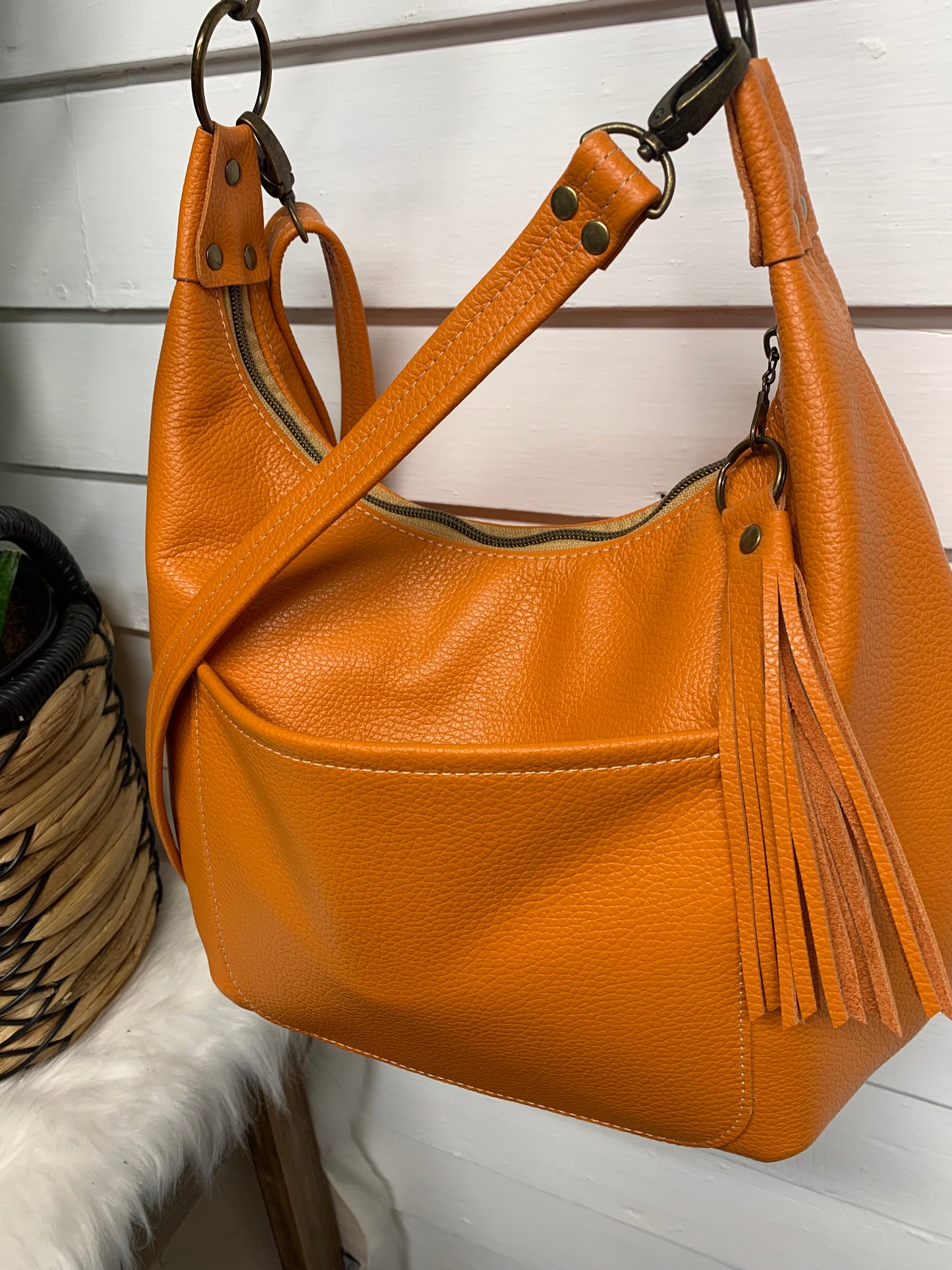 Onyx hobo bag, Pumpkin Italian pebble grain leather crossbody
