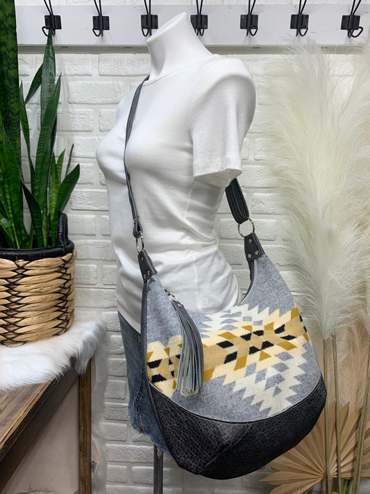 Wool and Grey leather hobo bag, Rancho Arroyo Silver wool