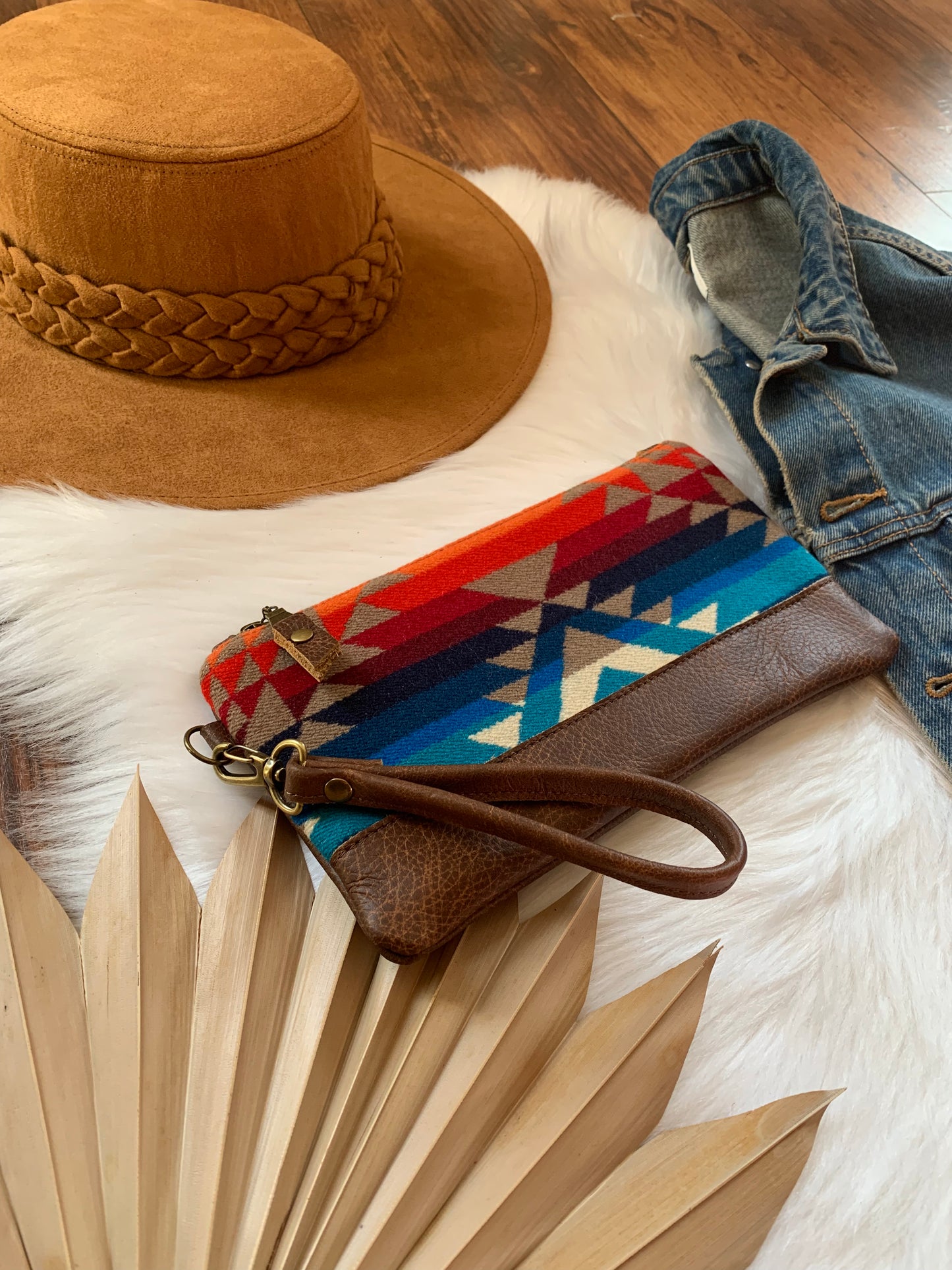Wool and leather clutch wristlet, Pilot rock wool, saddle leather clutch wallet