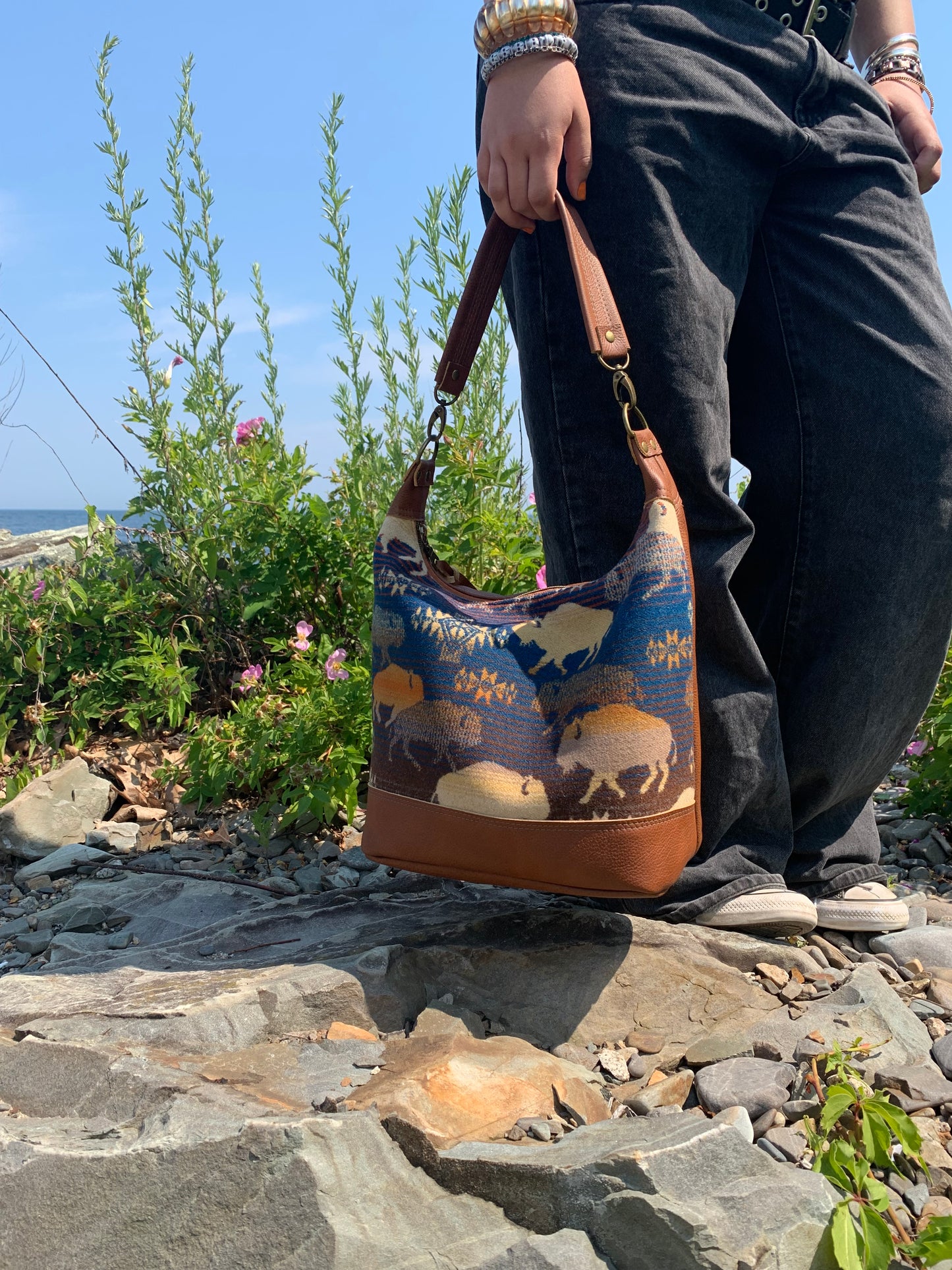 Buffalo wool Jasper Bucket bag, spice brown leather