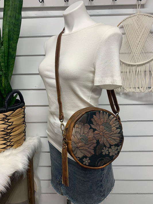 Moonstone crossbody bag, Woven Wings Floral, saddle brown leather