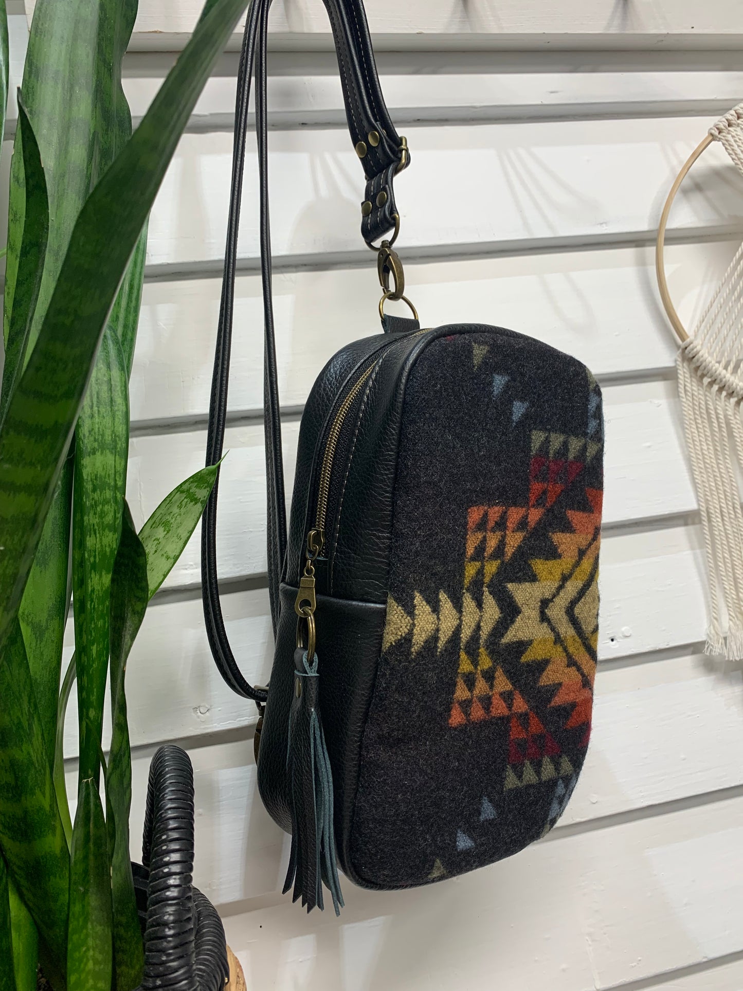 Citrine Sling backpack Pueblo dwelling wool and Black leather