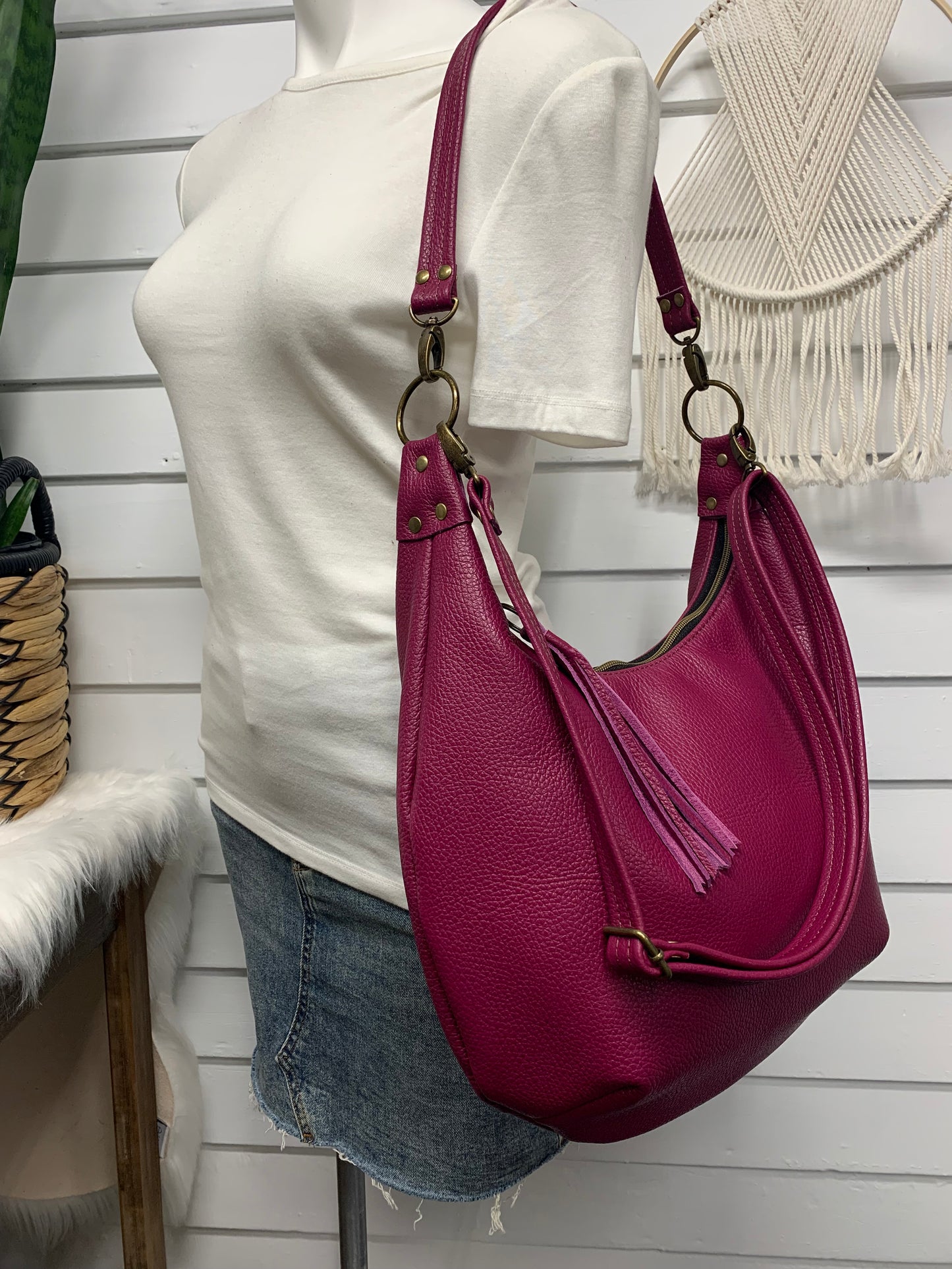 Onyx hobo bag, Berry Italian pebble grain leather crossbody