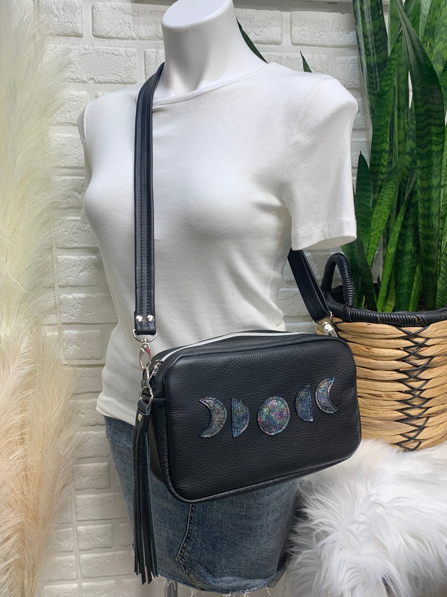 Emerald crossbody bag, Moon Phase, black genuine leather, Camera bag
