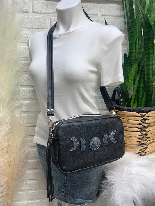 Emerald crossbody bag, Moon Phase, black genuine leather, Camera bag
