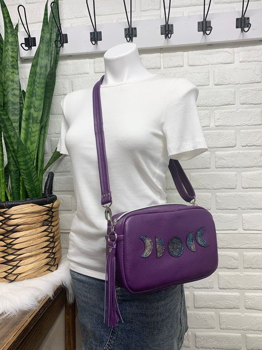 Emerald crossbody bag, Moon Phase, Purple genuine leather, Camera bag