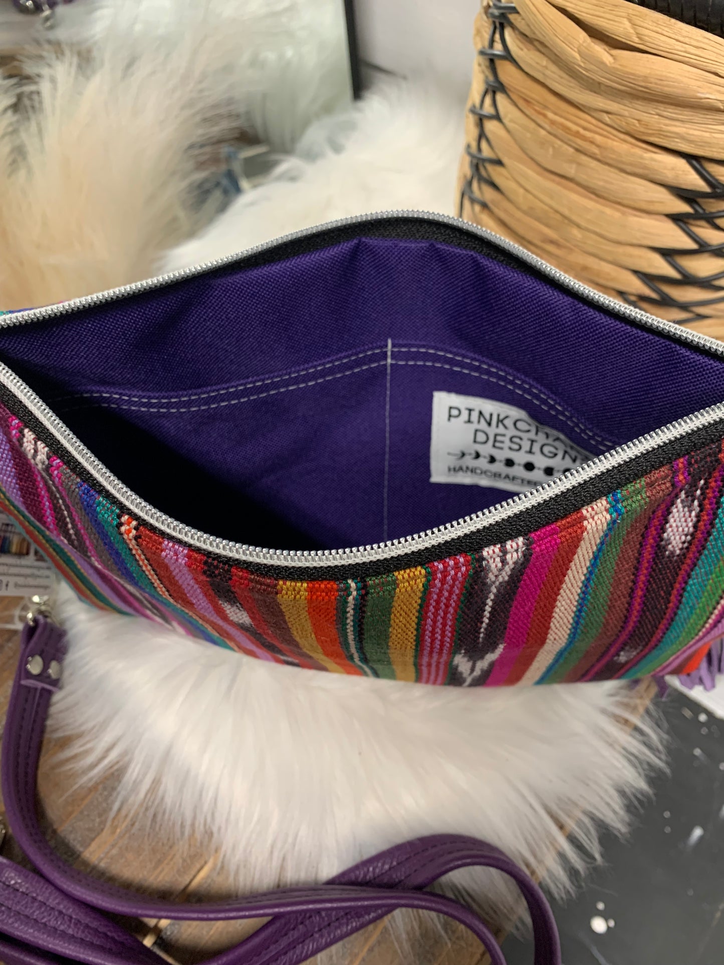 XL Clutch  Guatemalan Bright woven, purple leather, crossbody