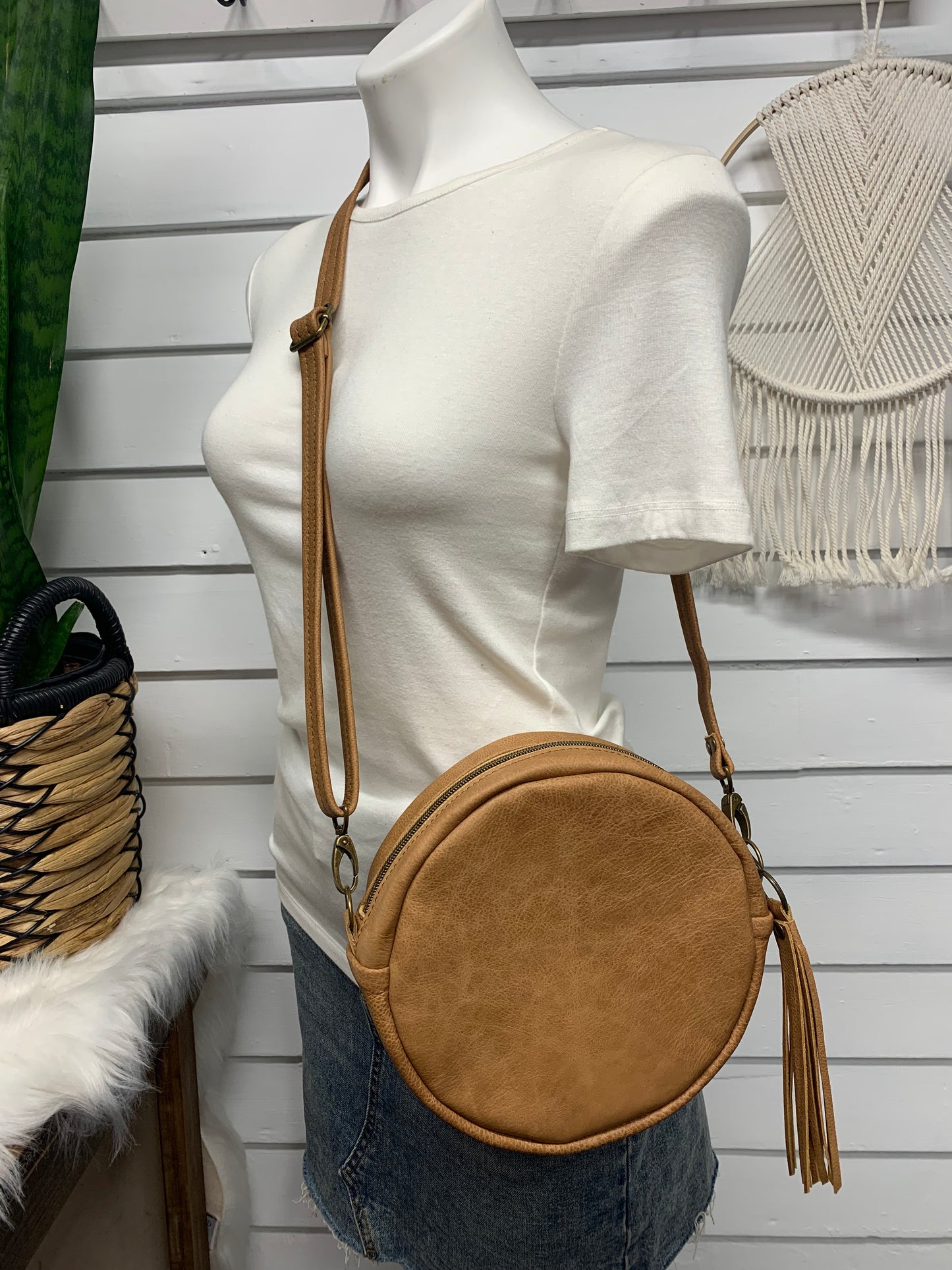 Moonstone crossbody bag, Desert sky wool, caramel brown leather, Canteen bag