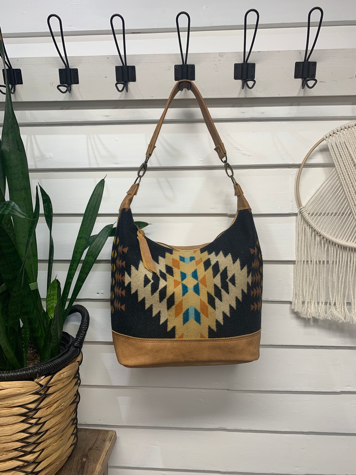 Jasper Bucket bag, Rancho Arroyo black wool, caramel leather
