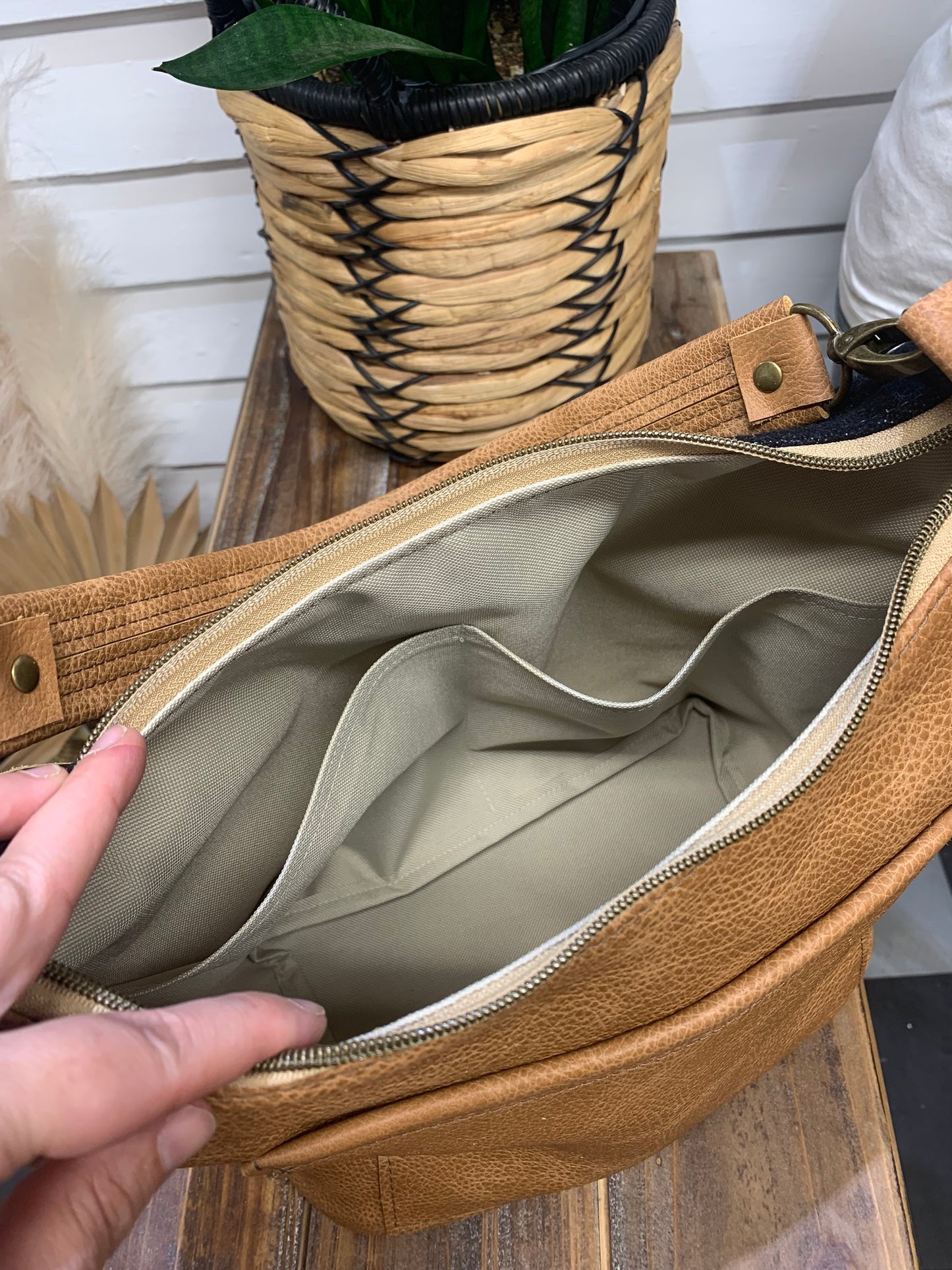 Jasper Bucket bag, Rancho Arroyo black wool, caramel leather