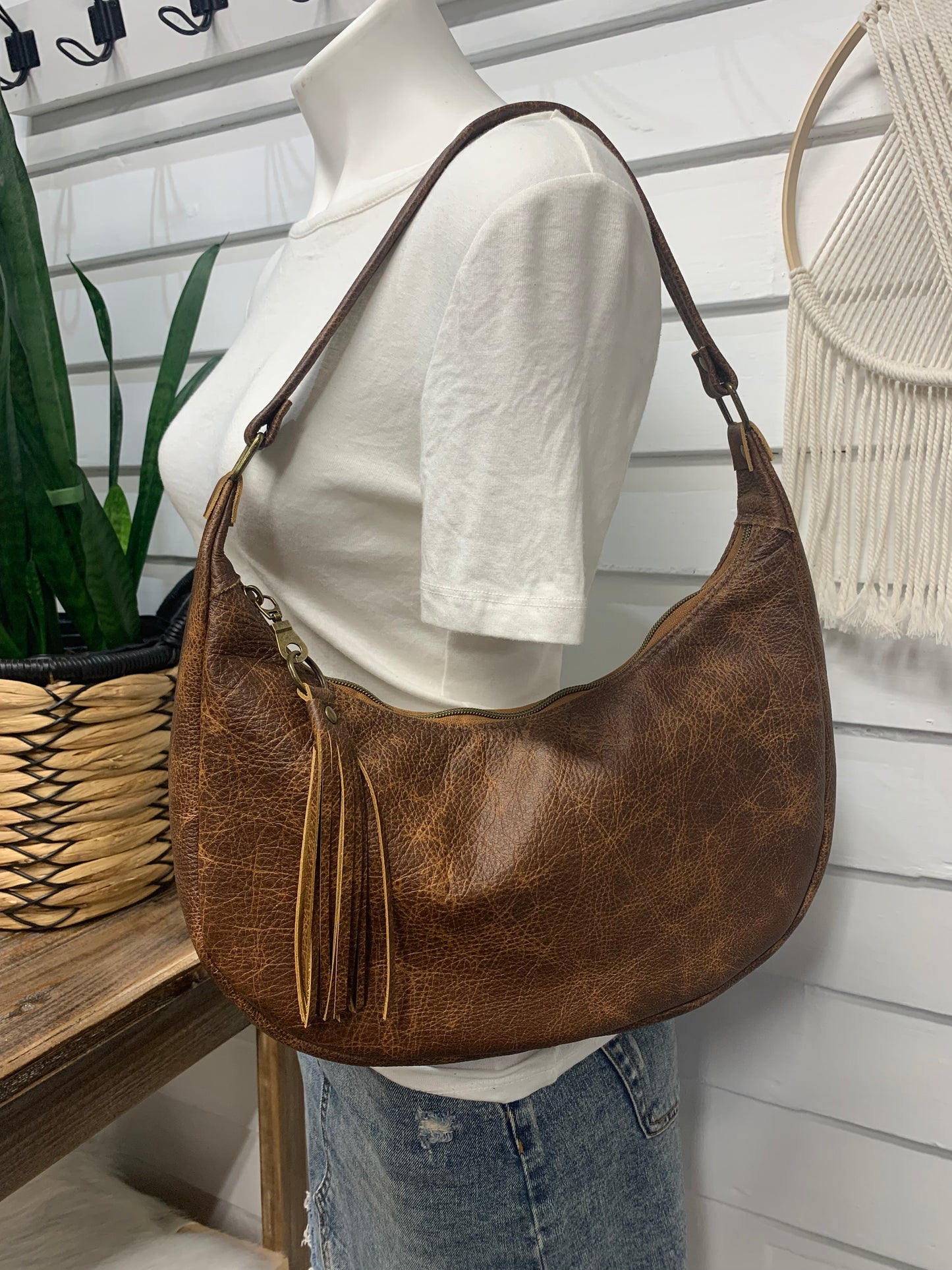 Garnet small hobo bag Saddle brown leather, shoulder strap
