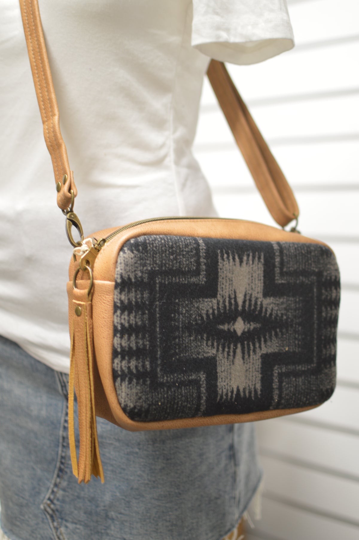 Emerald crossbody bag, Harding black wool, caramel leather, Square bag