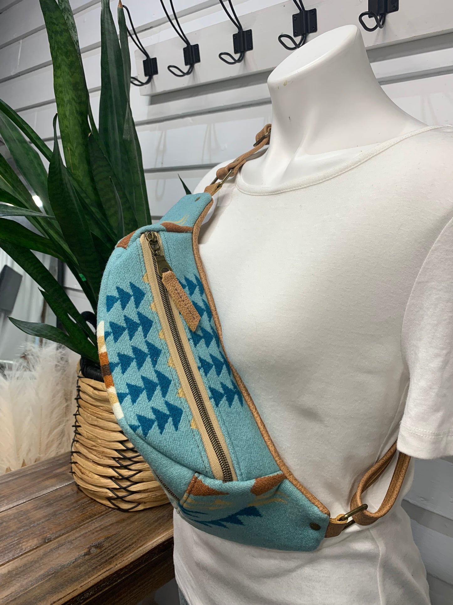 Jade Sling bag Aqua Rancho Arroyo wool and caramel leather crossbody