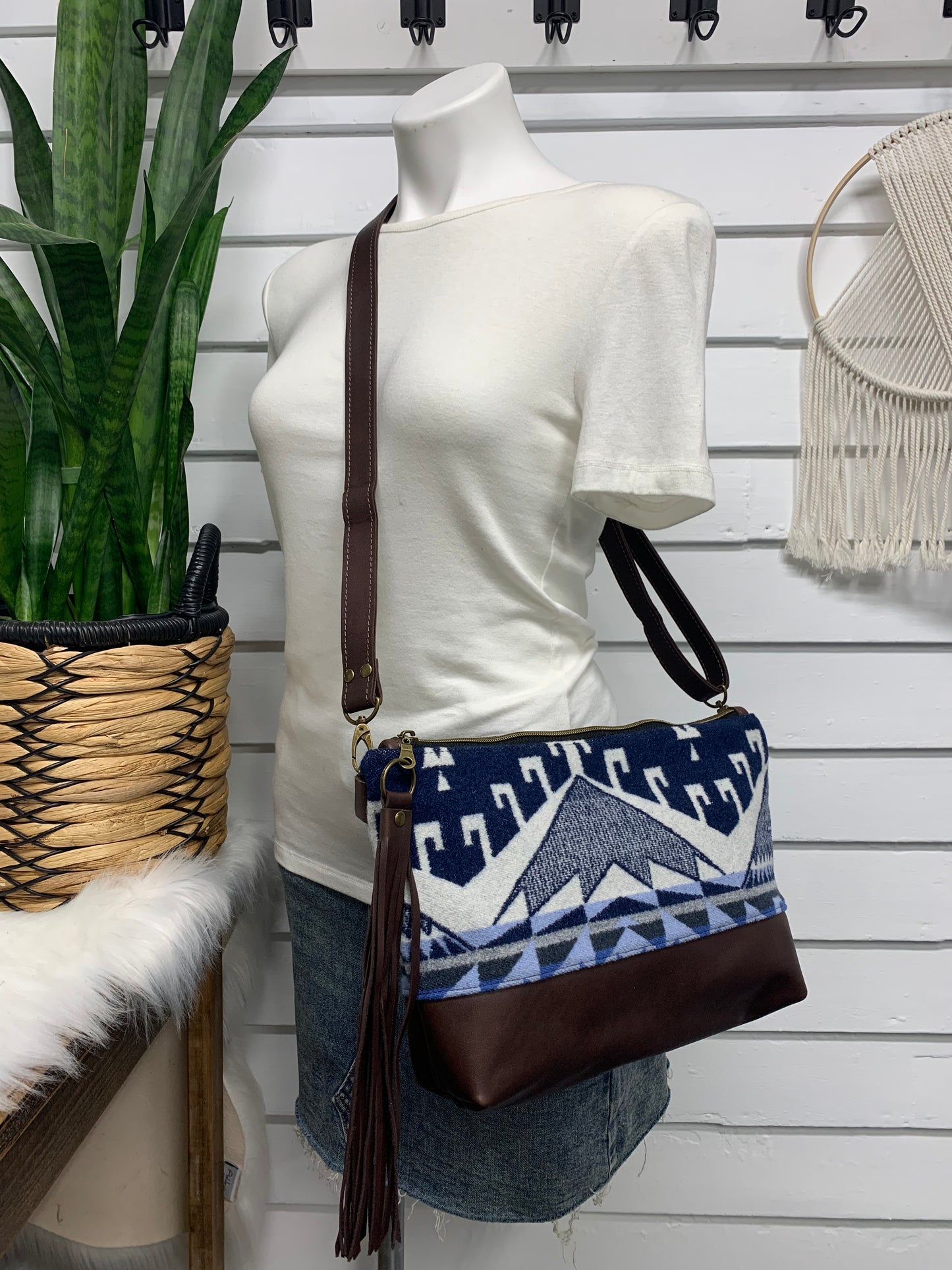 XL Ruby crossbody bag, Trailhead blue wool, waxed dark brown leather