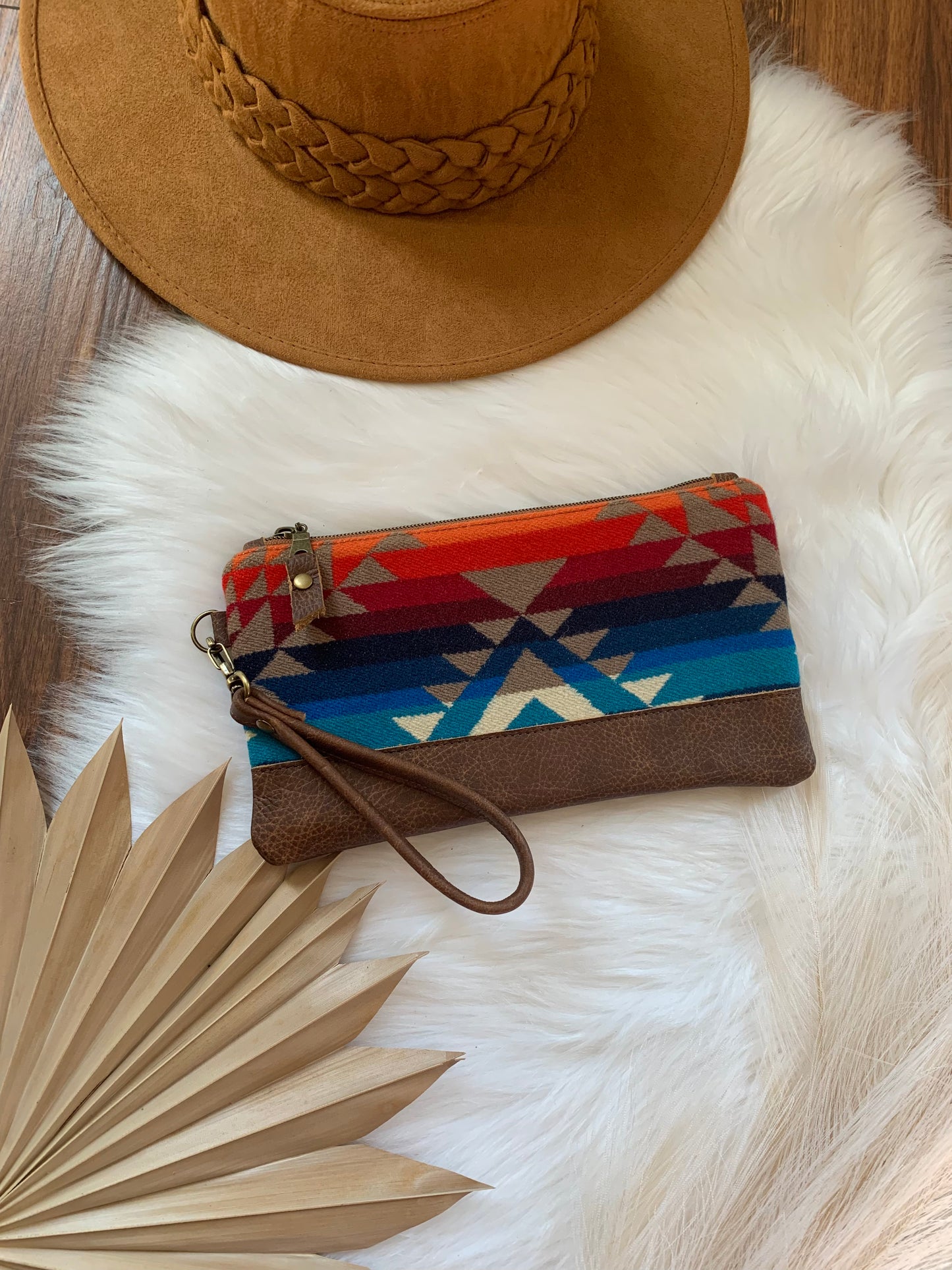 Wool and leather clutch wristlet, Pilot rock wool, saddle leather clutch wallet