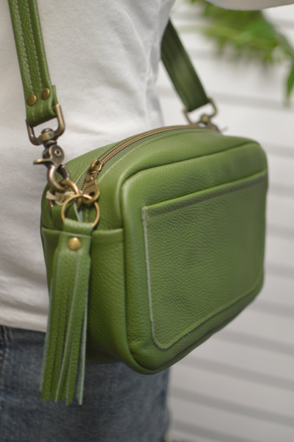 Emerald crossbody bag, Olive green Italian pebble grain leather