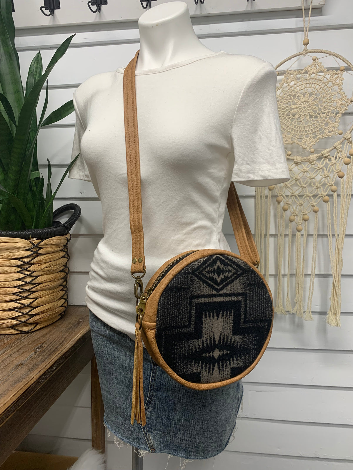Moonstone crossbody bag, Harding black wool, caramel brown leather, Canteen bag