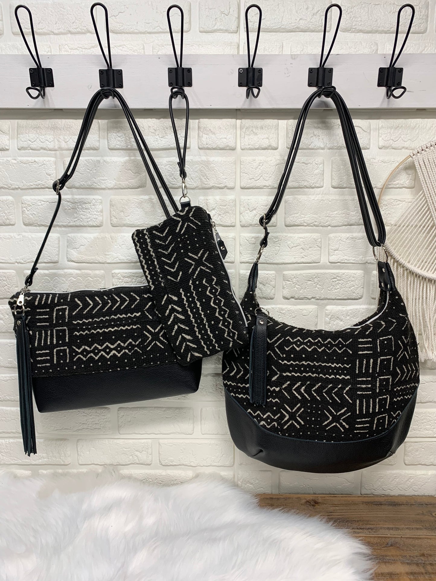 Mali Mud cloth and black Leather clutch wristlet