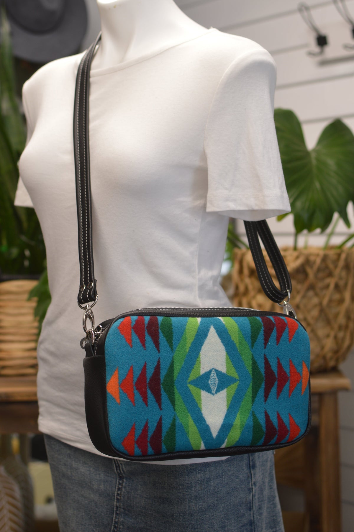Emerald crossbody bag, Overall Turquoise wool, black leather, Square bag