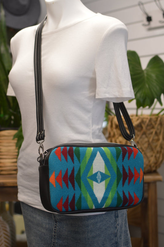 Emerald crossbody bag, Overall Turquoise wool, black leather, Square bag