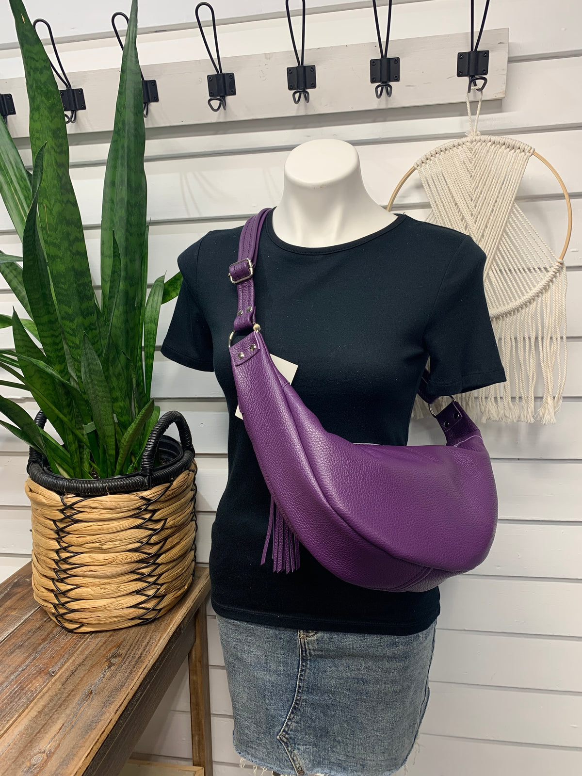 Half moon crossbody hobo bag Purple Italian leather