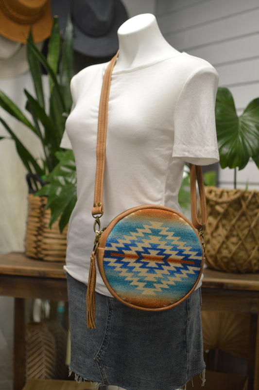 Moonstone crossbody bag, Pagosa Springs wool, caramel brown leather, Canteen bag