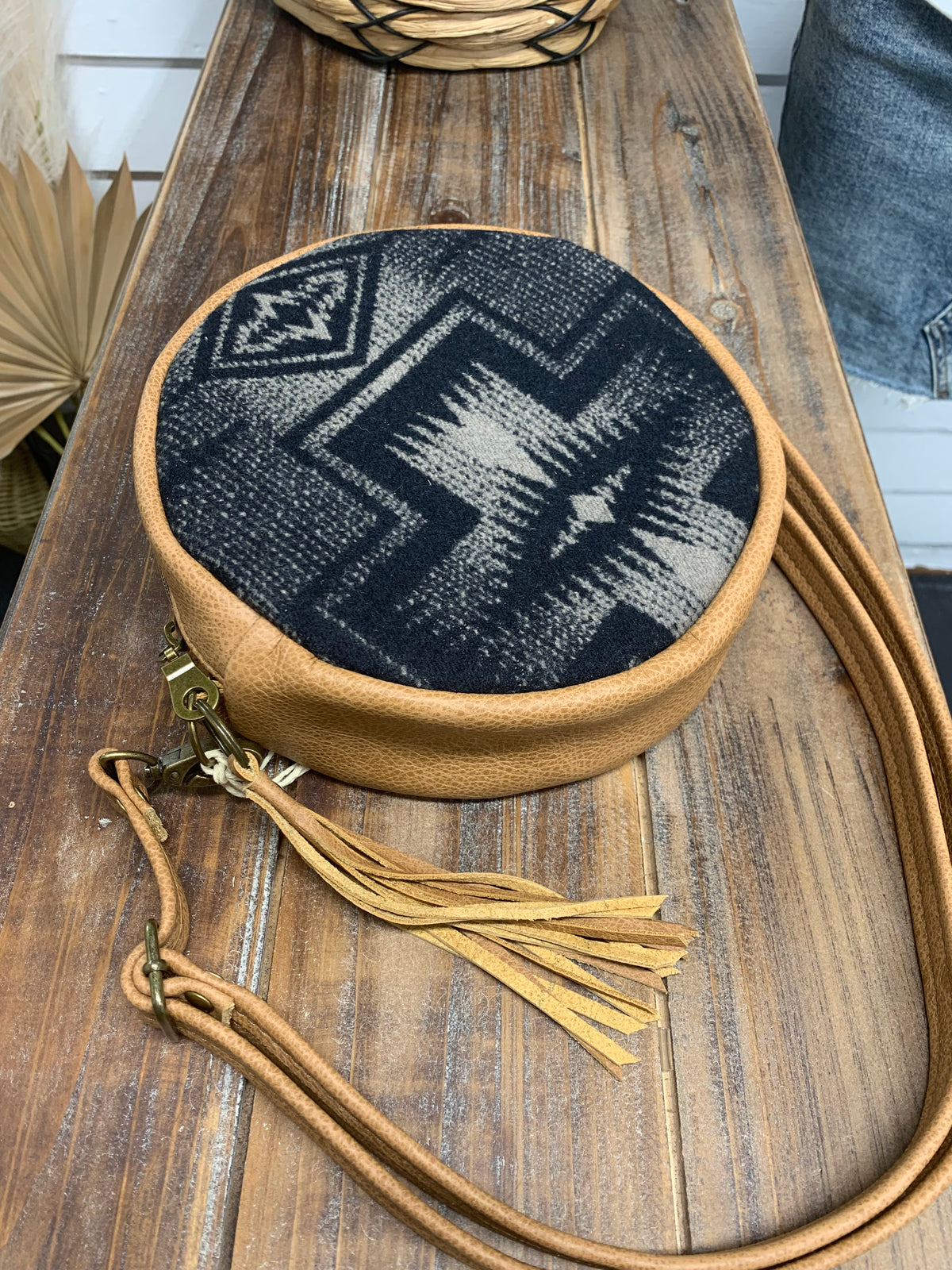 Moonstone crossbody bag, Harding black wool, caramel brown leather, Canteen bag