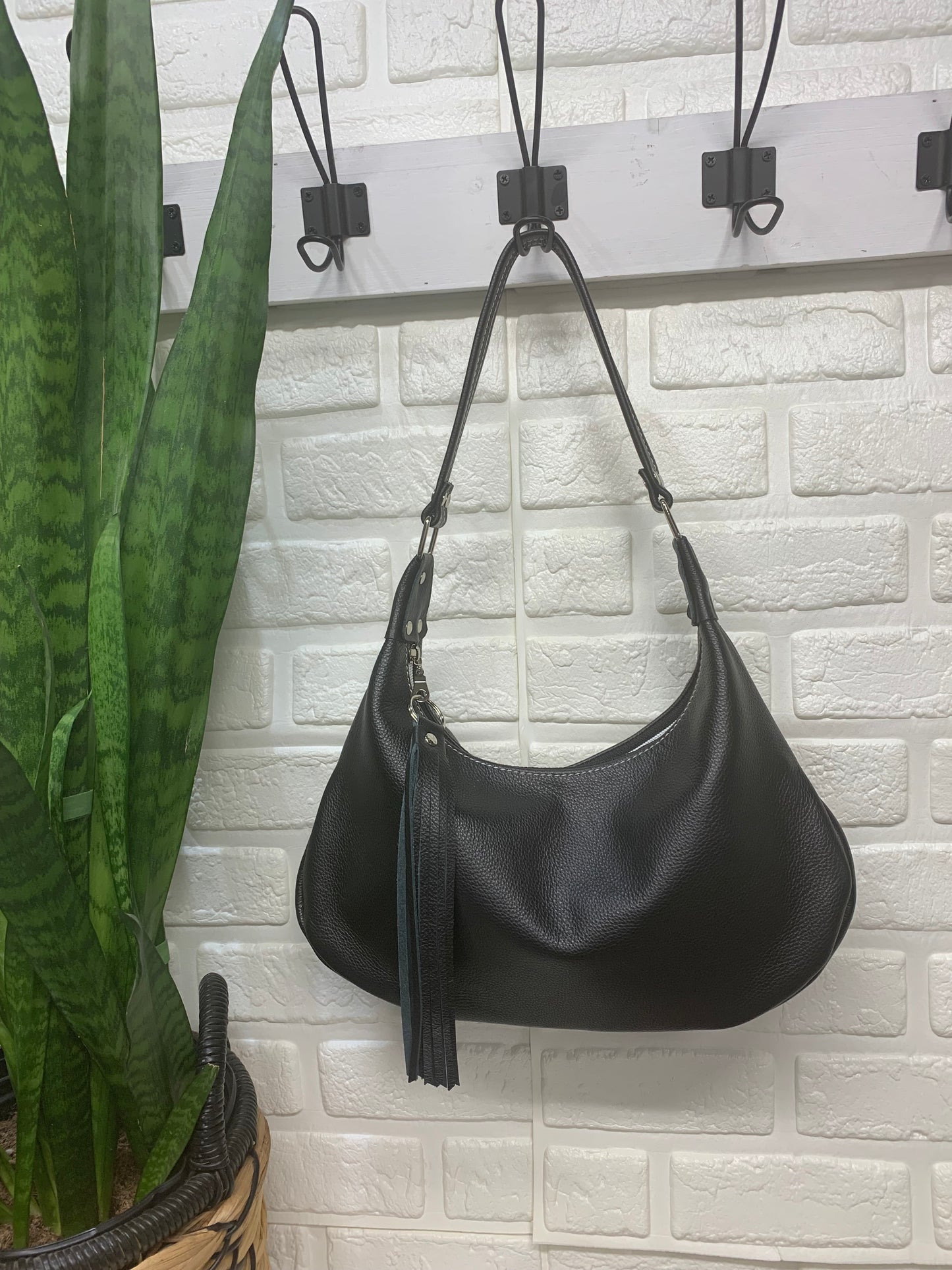 Small hobo bag Black Italian leather, shoulder strap