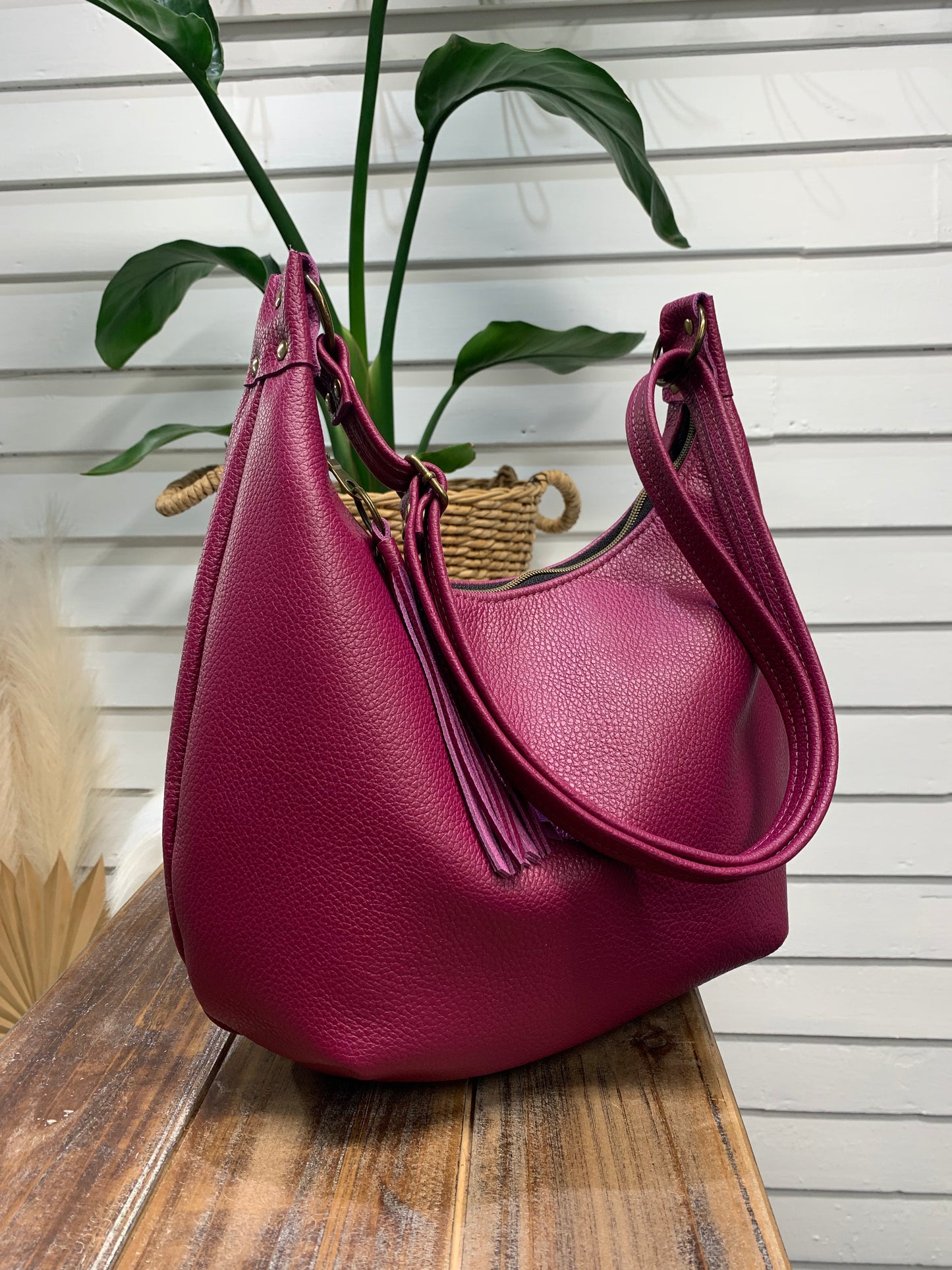 Onyx hobo bag, Berry Italian pebble grain leather crossbody