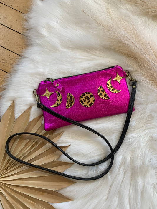 Moon phase metallic pink leather crossbody clutch, leopard leather