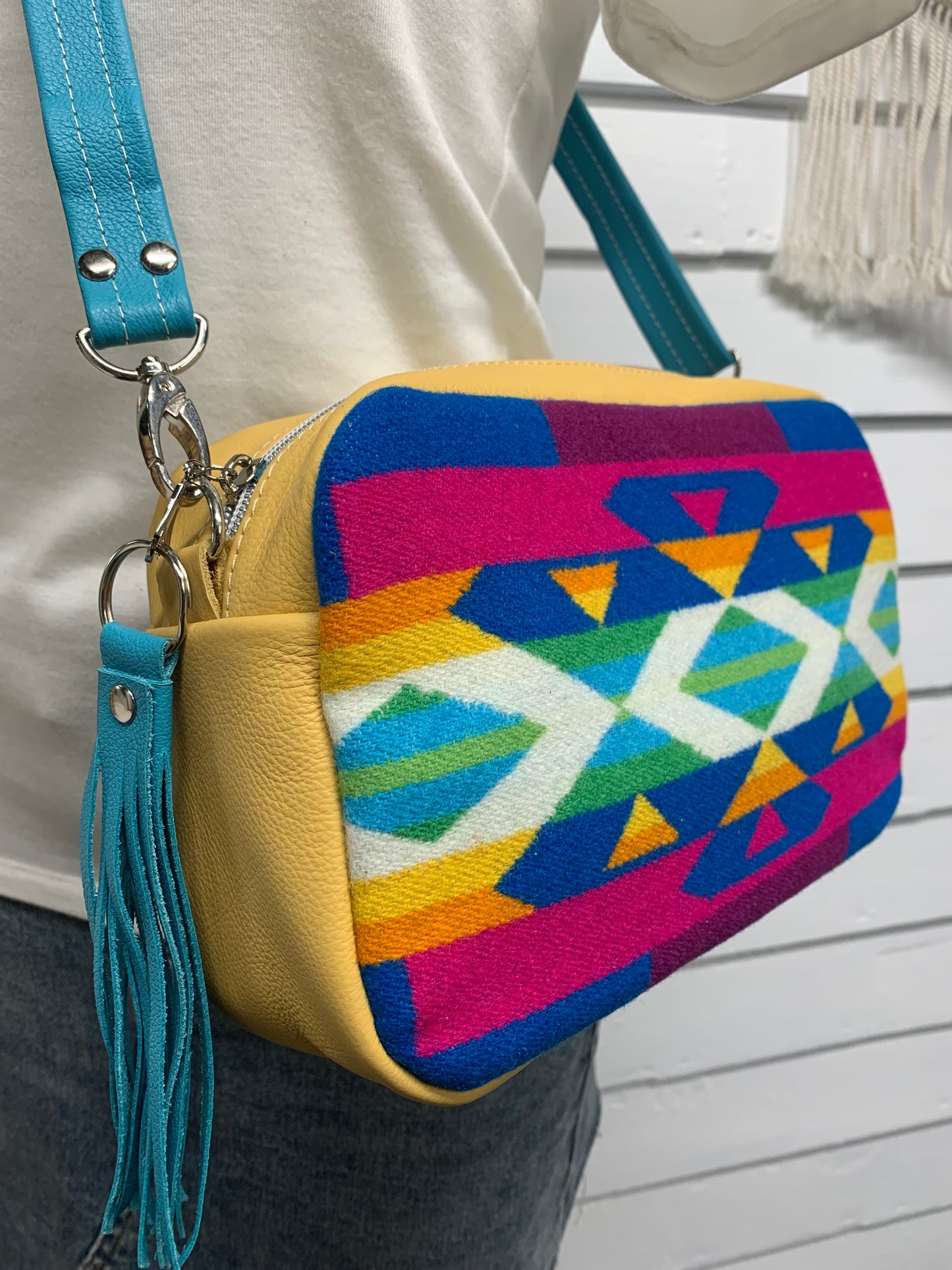 Emerald crossbody bag, San Gabriel wool, yellow turquoise leather, square bag