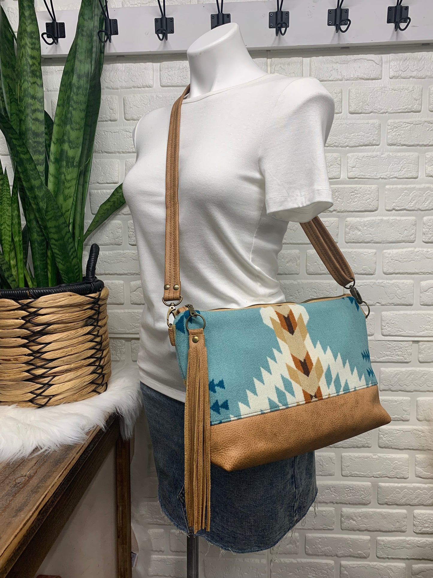XL Ruby crossbody bag, Rancho Arroyo Aqua wool, caramel brown genuine leather
