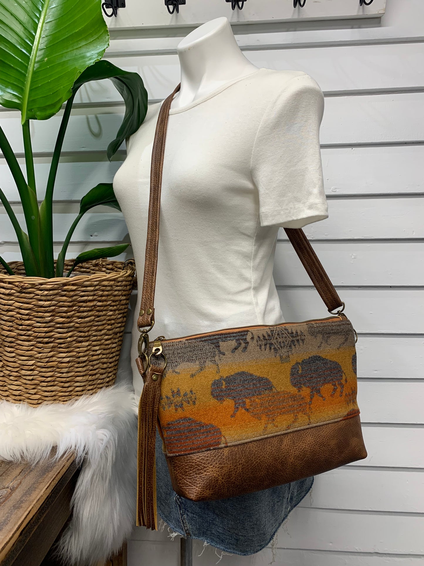 XL Ruby crossbody bag, Buffalo wool, saddle brown cowhide leather